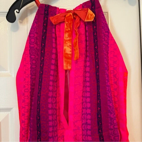 Vintage 1960s Handmade Maxi Dress Neon Pink Hot Tie Closure Stripes Hawaiin OS - Picture 7 of 9